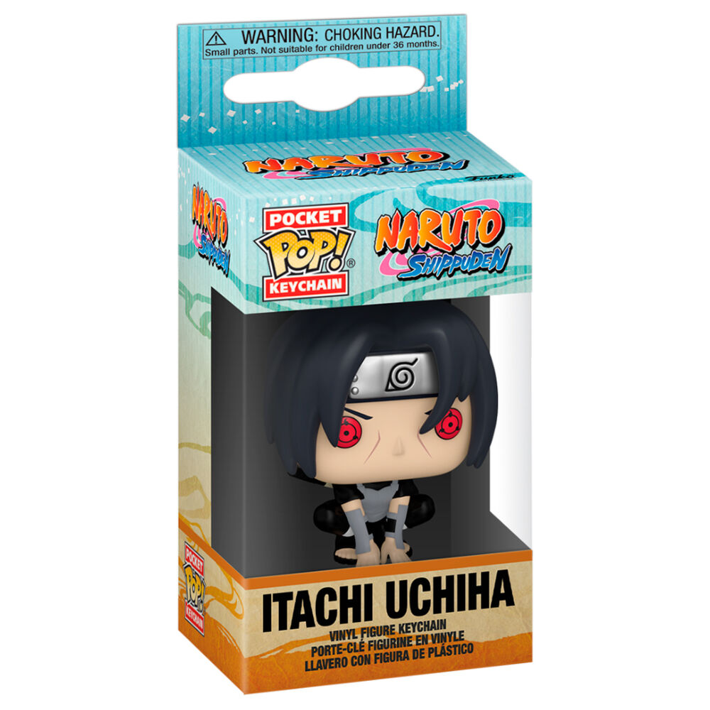 Vue rapprochée du porte-clés Itachi Uchiha Pocket POP montrant la qualité des finitions et le design collector