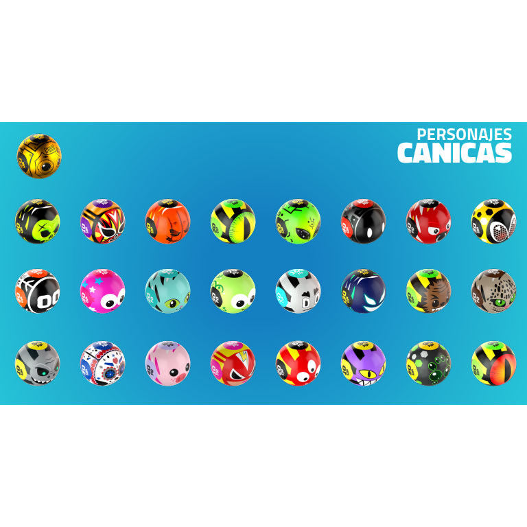 Set complet Freak Marbles avec 6 billes et skin présenté sur fond neutre