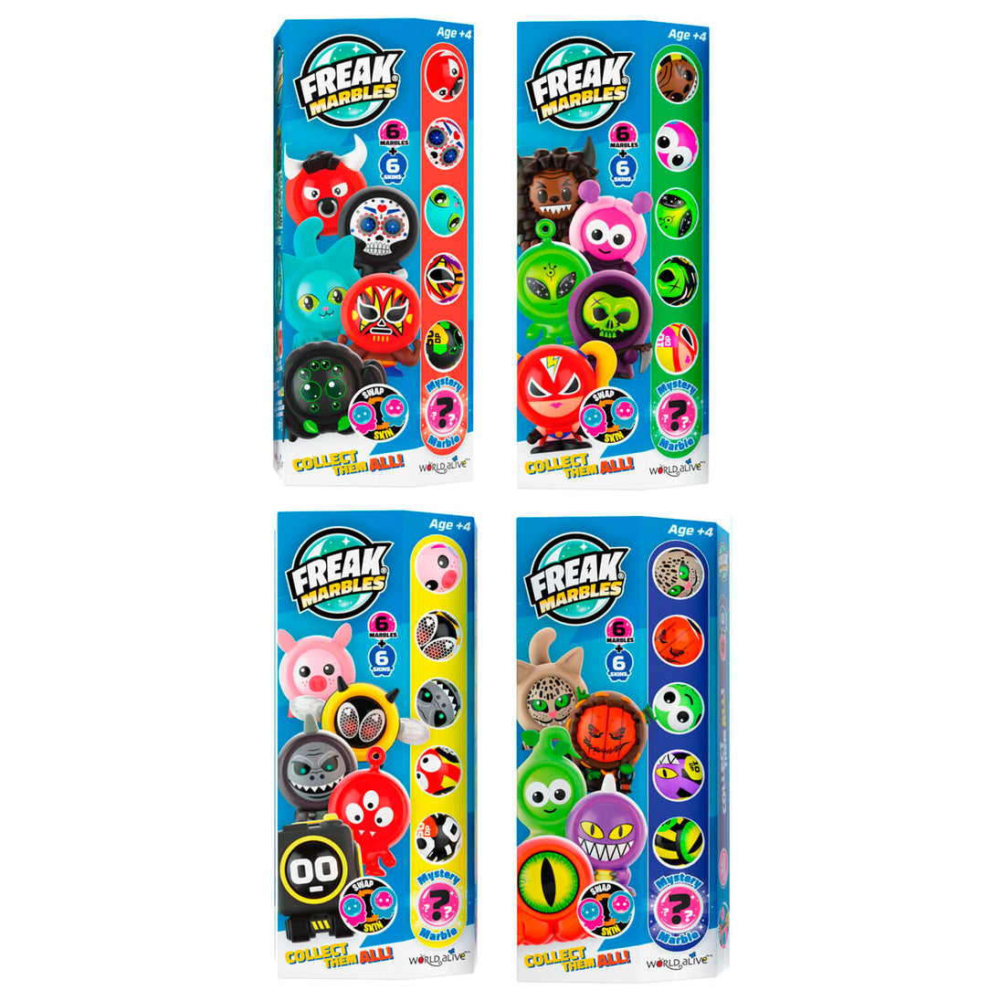 Vue rapprochée de la bille Freak Marbles colorée avec skin unique