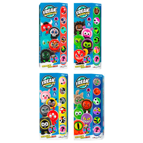 Vue rapprochée de la bille Freak Marbles colorée avec skin unique