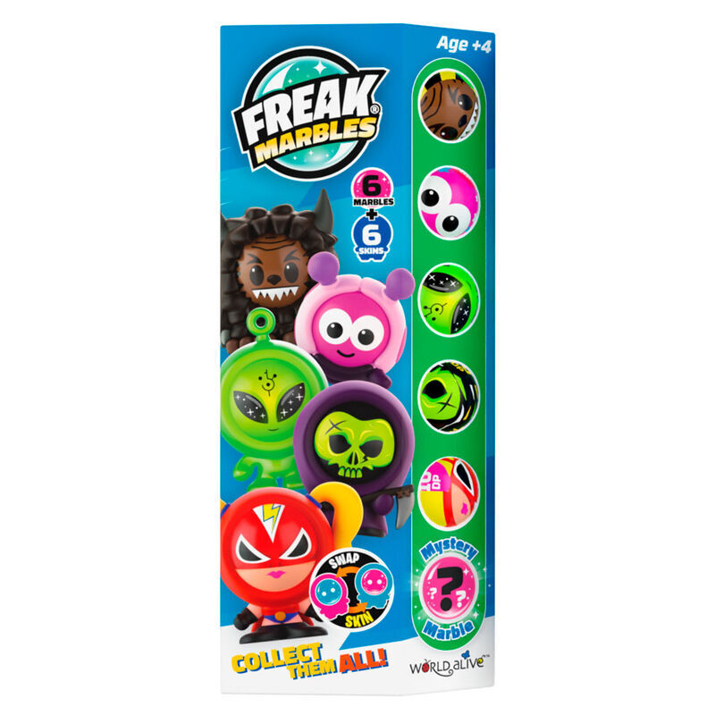 Billes Freak Marbles posées sur une surface blanche, montrant leurs couleurs vives