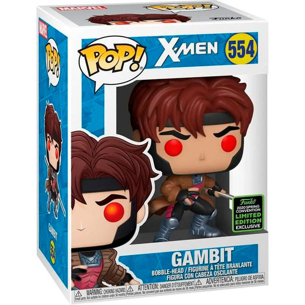 Figurine Funko POP exclusive de Gambit des X-Men en vinyle 9cm, présentée dans sa boîte vitrine avec fenêtre transparente