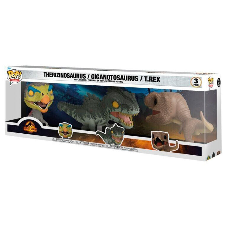 Pack de 3 figurines FUNKO POP Jurassic World avec détails précis et couleurs vives, présenté sur fond blanc