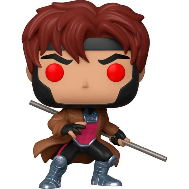 Vue rapprochée de la figurine Gambit Funko POP montrant les détails de son costume et sa pose dynamique