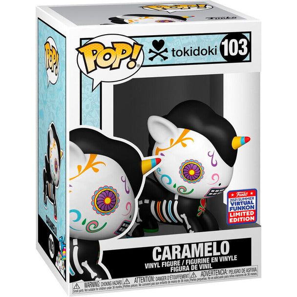 Vue rapprochée de la figurine Funko POP Tokidoki Caramelo Exclusive montrant les détails colorés et le design unique