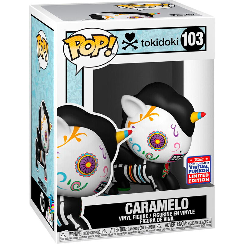 Vue rapprochée de la figurine Funko POP Tokidoki Caramelo Exclusive montrant les détails colorés et le design unique