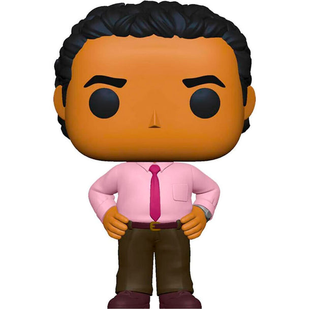 Vue rapprochée de la figurine Funko POP exclusive d'Oscar Martinez, personnage de la série The Office, avec détails colorés.