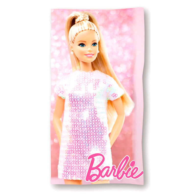 Serviette de plage microfibre Barbie MATTEL, dimensions 70x140 cm, couleur rose vif avec logo Barbie visible.