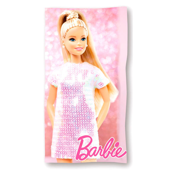 Serviette de plage microfibre Barbie MATTEL, dimensions 70x140 cm, couleur rose vif avec logo Barbie visible.