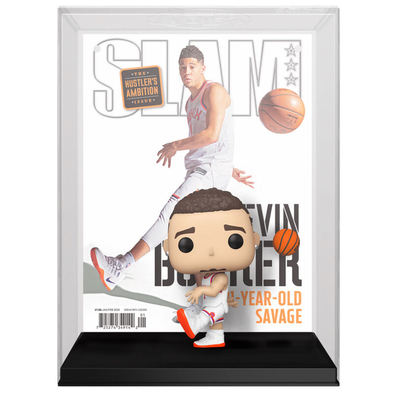 Figurine Funko POP Devin Booker en tenue NBA avec ballon de basketball, vue avant détaillée