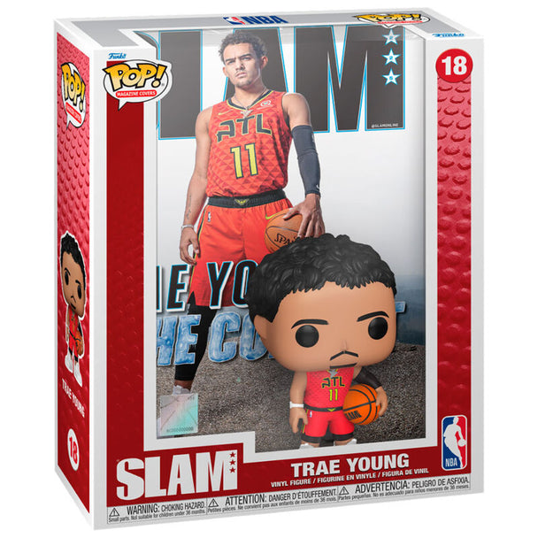 Vue de côté de la figurine POP Trae Young NBA Slam par FUNKO, montrant la posture dynamique et le design soigné