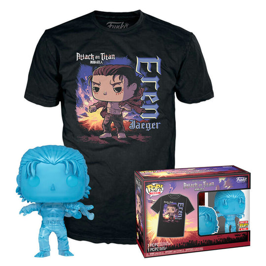 Set complet comprenant la figurine POP et le tee-shirt Eren Attack on Titan, emballage officiel FUNKO visible.