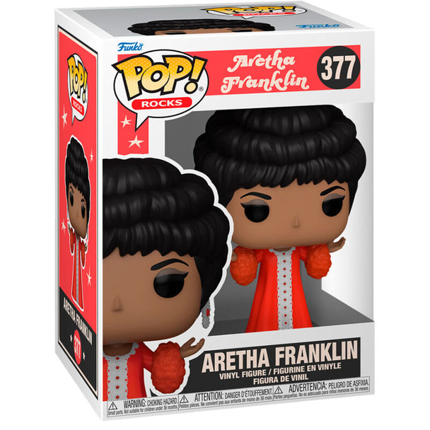 Vue rapprochée de la figurine Funko POP Aretha Franklin dans sa boîte collector avec détails colorés