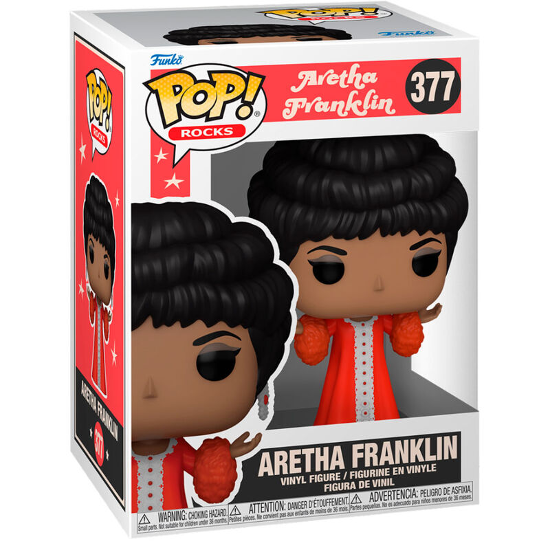 Vue rapprochée de la figurine Funko POP Aretha Franklin dans sa boîte collector avec détails colorés