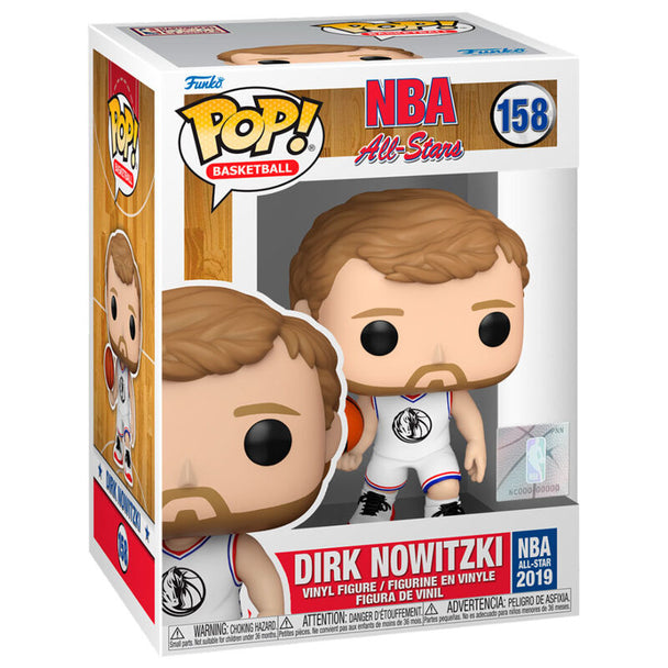 Figurine Funko POP de Dirk Nowitzki NBA All-Stars 2019 en vinyle, vue de face dans sa boîte vitrine transparente