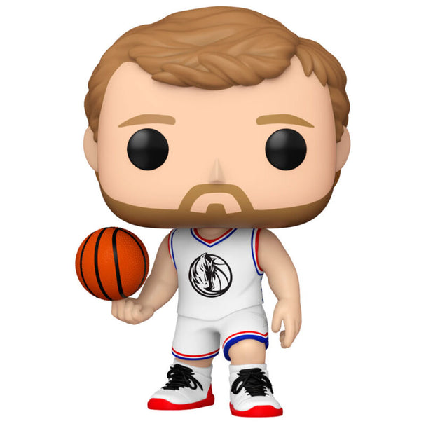 Figurine Dirk Nowitzki NBA All-Stars 2019 Funko POP, détail du visage et maillot bleu avec logo NBA