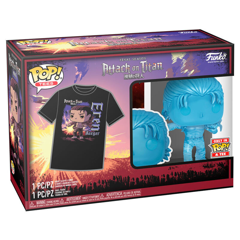Set complet montrant la figurine Funko POP à côté du t-shirt Attack on Titan, présentation élégante pour collectionneurs