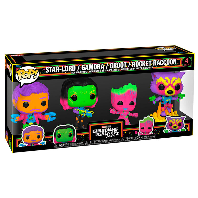 Pack de 4 figurines Funko POP exclusives Marvel Guardians of the Galaxy 2 avec effet Black Light, incluant Star-Lord, Gamora, Groot et Rocket.