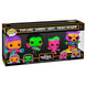 Pack de 4 figurines Funko POP exclusives Marvel Guardians of the Galaxy 2 avec effet Black Light, incluant Star-Lord, Gamora, Groot et Rocket.
