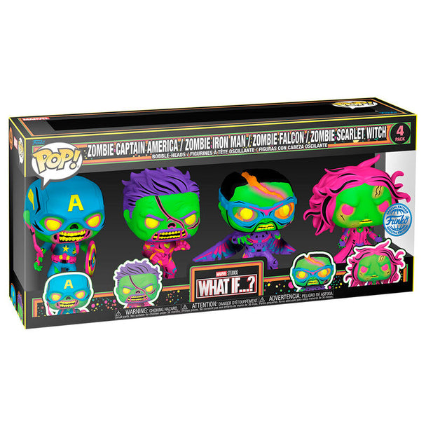 Pack de 4 figurines Funko POP Marvel What If...? en version zombies Black Light avec Captain America et Iron Man.