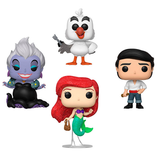 Vue rapprochée des figurines Funko POP Disney La Petite Sirène montrant les détails uniques de chaque personnage