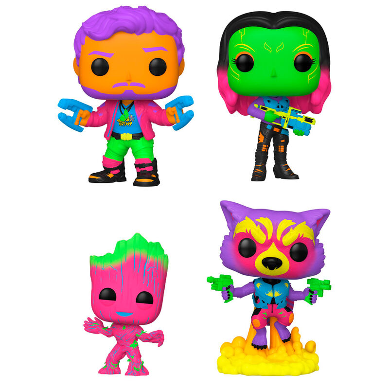 Vue détaillée des figurines Funko POP Guardians of the Galaxy 2 sous lumière noire montrant les couleurs et détails uniques de chaque personnage.
