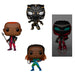 Vue rapprochée des figurines Funko POP Marvel Black Panther Wakanda Forever montrant les détails et les couleurs vives