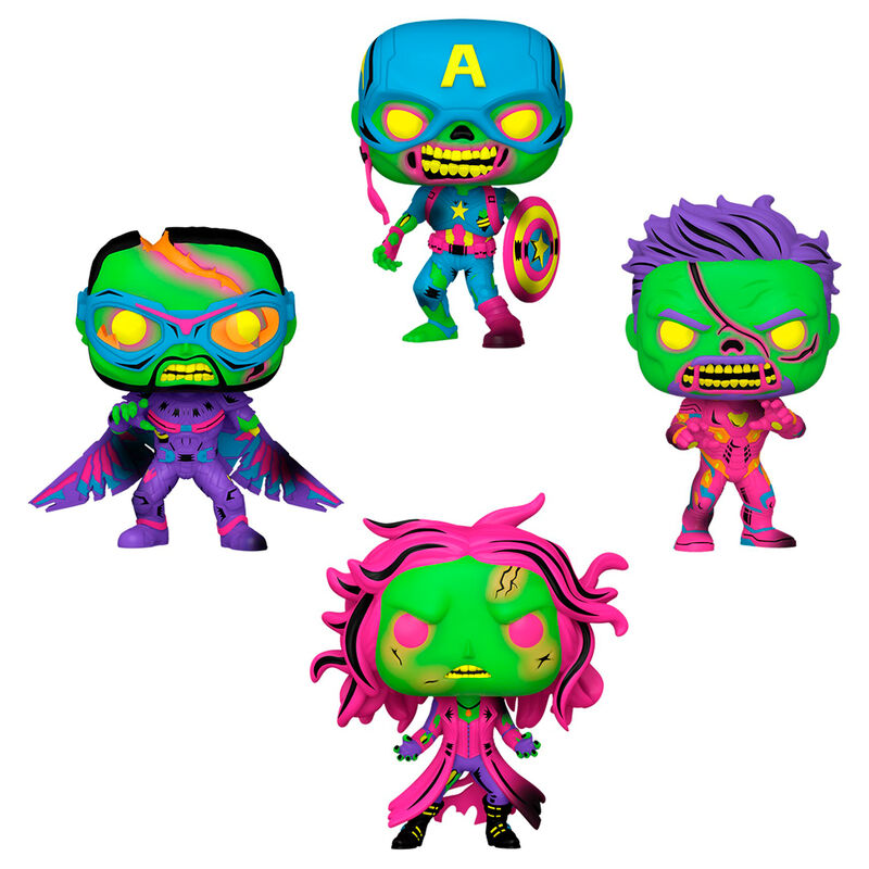 Vue rapprochée des figurines Funko POP Marvel What If...? Zombies Falcon et Scarlet Witch en édition exclusive.
