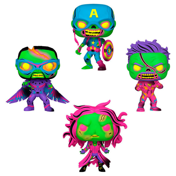 Vue rapprochée des figurines Funko POP Marvel What If...? Zombies Falcon et Scarlet Witch en édition exclusive.