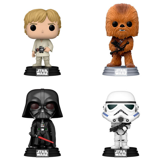Vue rapprochée des figurines FUNKO POP Star Wars New Classics montrant les détails uniques de Luke Skywalker et Darth Vader