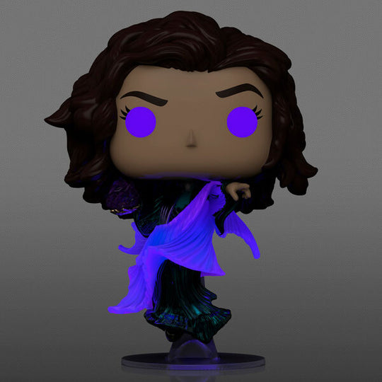 Détail des visages des figurines Funko POP Scarlet Witch, Vision, Monica Rambeau et Agatha Harkness.