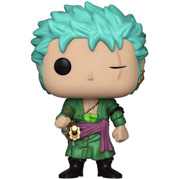 Vue rapprochée de la figurine Funko POP Zoro avec ses trois sabres caractéristiques