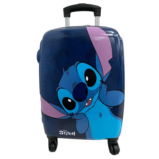 Valise cabine Disney Stitch rigide 50cm avec roues multidirectionnelles et cadenas TSA, design coloré Stitch sur fond bleu.