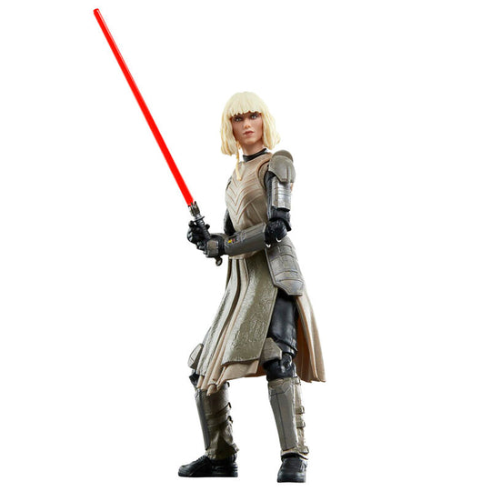 Vue latérale de la figurine Ahsoka Shin Hati avec posture dynamique et articulation visible