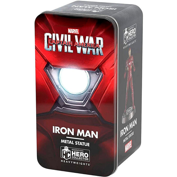Zoom sur les détails de la figurine Iron Man EAGLEMOSS, montrant l'armure métallique brillante et les articulations précises