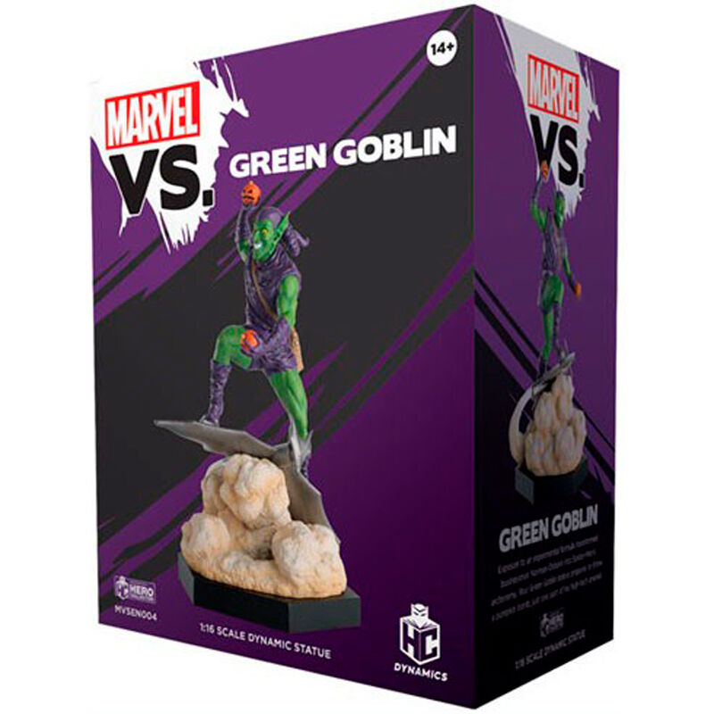 Profil gauche de la figurine Green Goblin montrant les textures et accessoires fidèles au personnage Marvel