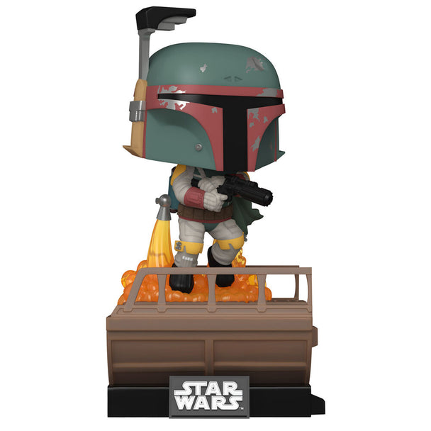 Figurine POP Deluxe de Boba Fett en position de combat avec armure verte et casque emblématique Star Wars