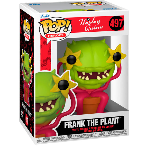 Vue rapprochée de la figurine Funko POP Harley Quinn Frank the Plant montrant les détails colorés et le style unique DC Comics