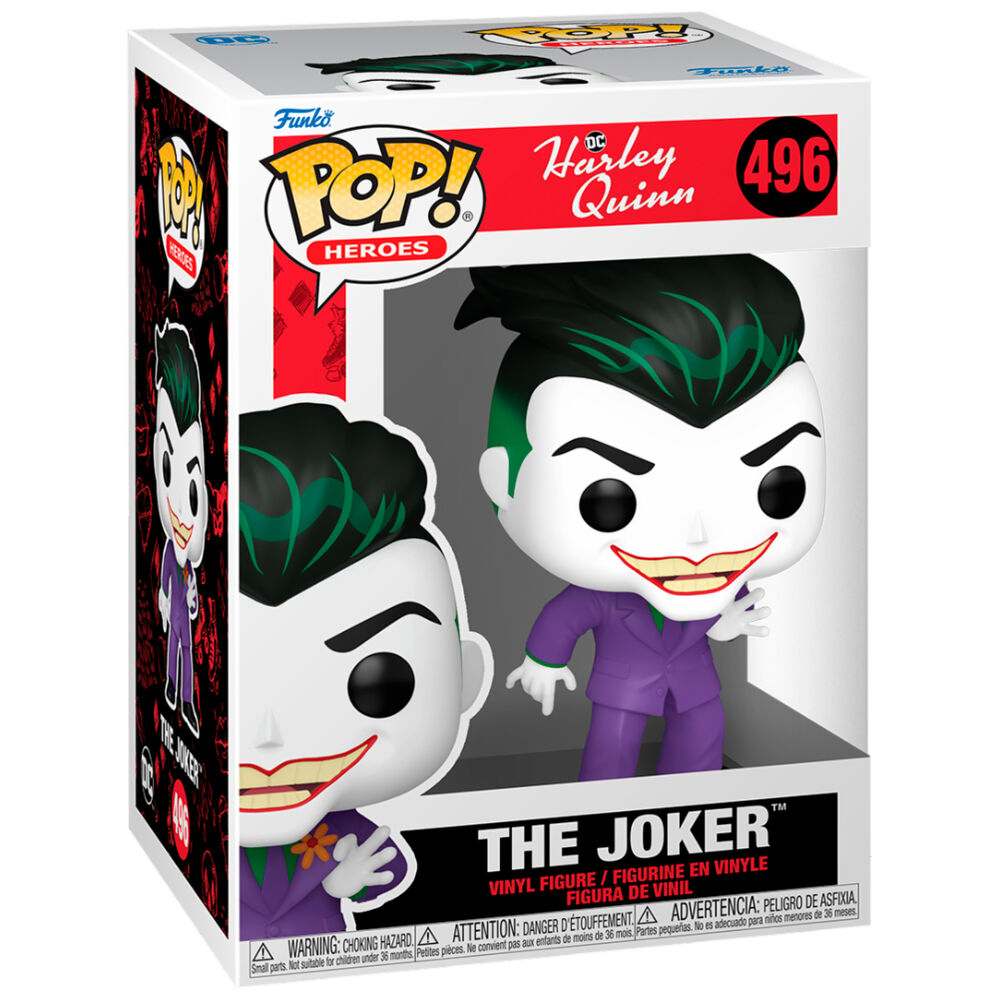 Figurine Funko POP de 9 cm représentant Harley Quinn avec ses couleurs vives et son style emblématique dans une boîte vitrée.