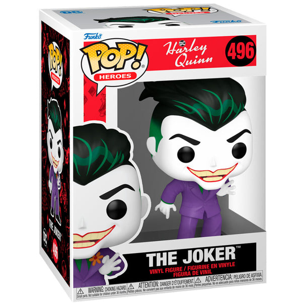 Figurine Funko POP de 9 cm représentant Harley Quinn avec ses couleurs vives et son style emblématique dans une boîte vitrée.