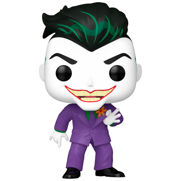 Figurine Funko POP The Joker de 9 cm avec son sourire iconique et son costume violet, présentée dans une boîte cadeau avec fenêtre.