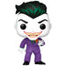 Figurine Funko POP The Joker de 9 cm avec son sourire iconique et son costume violet, présentée dans une boîte cadeau avec fenêtre.