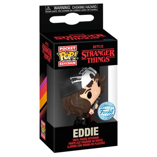 Porte-clés FUNKO Pocket POP représentant Eddie de Stranger Things, vue de face sur fond blanc