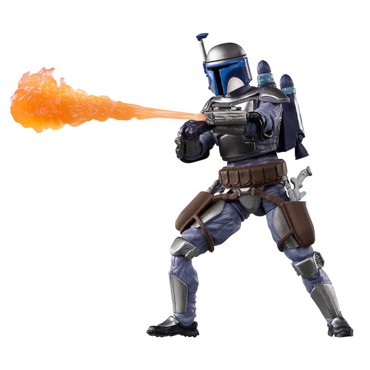 Figurine Jango Fett avec son sac à dos emblématique et accessoires posée sur fond neutre