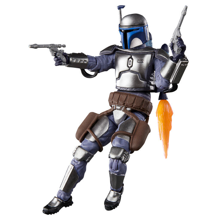 Ensemble complet de la figurine Jango Fett avec ses 7 accessoires sur fond blanc