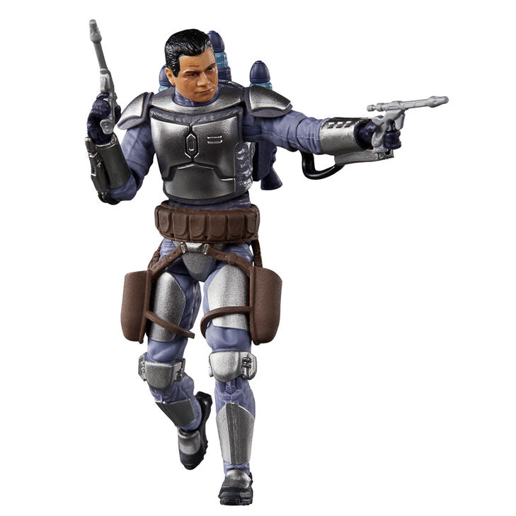 Vue latérale de la figurine articulée Jango Fett montrant la posture dynamique