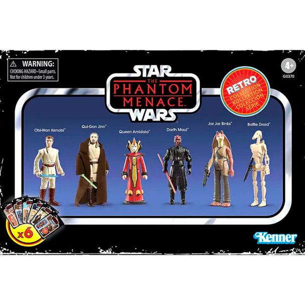 Set de figurines Star Wars Phantom Menace de 9,5 cm par HASBRO, présentant plusieurs personnages emblématiques du film.