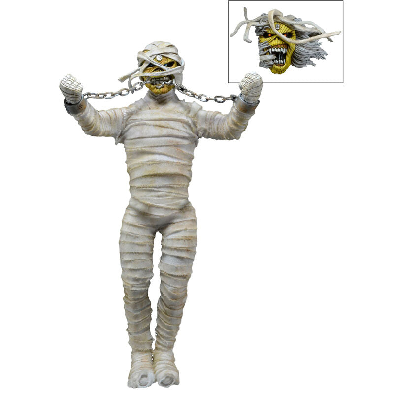 Figurine articulée Iron Maiden Eddie Momie rétro de 20cm avec vêtements en tissu par NECA, vue de face sur fond blanc.