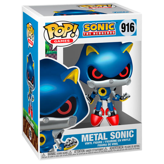 Figurine Funko POP Metal Sonic de 9 cm en vinyle avec détails métalliques, présentée dans sa boîte vitrine transparente.