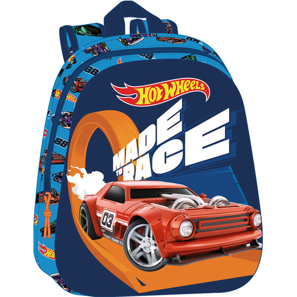 Sac à dos Hot Wheels 3D thermoformé de 33 cm avec poche latérale et bretelles rembourrées, modèle SAFTA pour enfants.